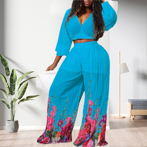 Conjunto de Dos Piezas de Alta Calidad para Mujer, Top Corto Informal con Estampado Floral y Pantalones Anchos, Moda Femenina - Product Image 4