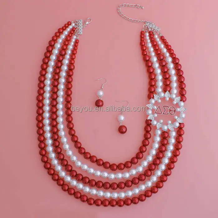 Sorority Delta Merah Putih bentuk bunga bros huruf Yunani Enamel kerah Pin Aksesori gelang perhiasan pas kalung