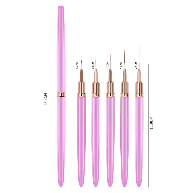 2023 Hot Selling Nail Liner Brush Set 5 Stks/set Paars Metalen Handvat Nylon Haar Nail Art Borstels