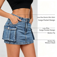 Mini-jupe en jean ajustée taille basse pour femme, très extensible, avec poches, style arcade et streetwear old school