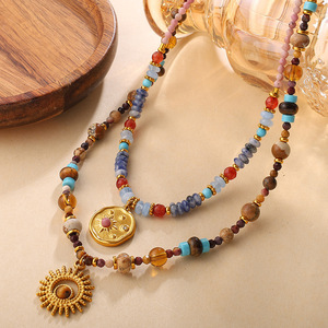 Natural Stone Beaded Necklace With Sun Pendant Geometric <b>Design</b> Zinc Alloy Fashion Jewelry For Women - Product Image 2