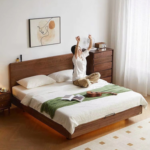 Lit suspendu en bois massif de noyer noir nord-américain Design japonais simple avec grand dossier pour mariage Hôtel Simple Double Taille - Product Image 1