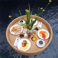 Trendy bladsvormig zwembad dienblad van PP rotan, waterdicht, geschikt voor badkamer, hotel, villa, ontbijt, fruit.
