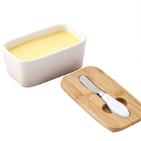 Beurres rectangulaires en céramique Boîte à fromage en étain scellée Boîte de rangement Conteneurs Beurrier avec couteau et couvercle en bambou