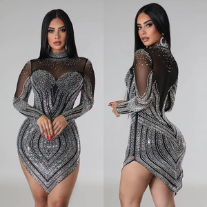 Vestido de Noche Elegante QY831, <span class=keywords><strong>Color</strong></span> Sólido, Decoración de Pedrería, Cuello Alto, Manga Larga, Vestido de Gala, <span class=keywords><strong>Color</strong></span> Sólido, Transparente - Product Image 2