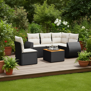 Black And Cream <b>Rattan</b> Garden <b>Sofa</b> Set With Cushions 6 Seater Outdoor Furniture Contemporary Design - Product Image 2