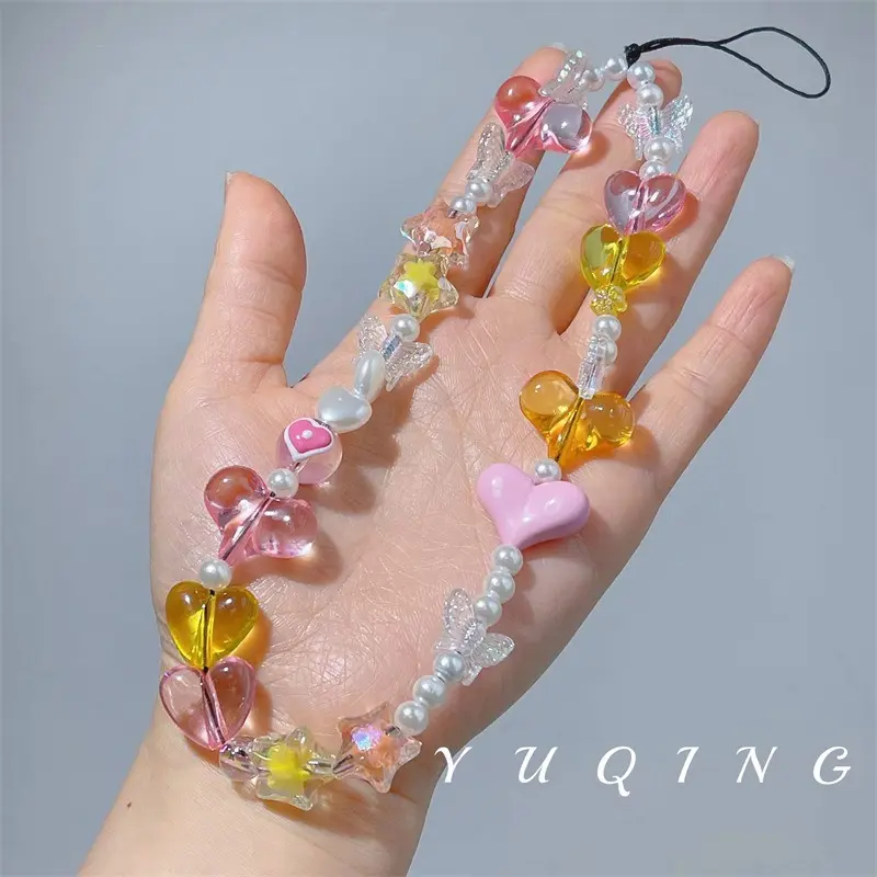 Trendy butterfly Bead phone charm string Good Quality Colorful Pink Heart mobile phone accessories