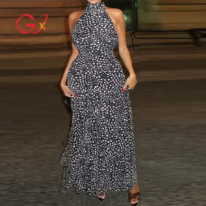 GX9227 ropa de <span class=keywords><strong>moda</strong></span> mujer Boutique Wave Point impreso espalda descubierta vestido largo sin mangas Halter elegante noche Maxi vestidos - Product Image 1