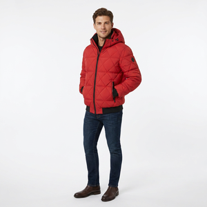 <b>Red</b> Men's Solid Quilted Puffer <b>Jacket</b> Stand Pattern Hooded Winter Outdoor <b>Waterproof</b> Streetwear Parka Ribbed Cuffs Zipper - Product Image 1