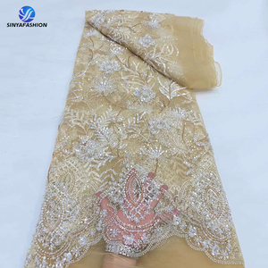 Sinya ô liu màu xanh lá cây pháp lưới ren với sequins Ngọc Trai Trắng Xám phổ biến 5 yards Wedding party DRESS sang trọng đính cườm ren vải - Product Image 4