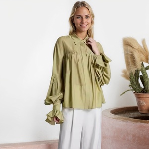 <span class=keywords><strong>AMENO</strong></span> Chemisier d'été décontracté pour femme en mousseline de soie tissée avec manches longues Couleur unie et volants Logo de mode simple sur le dos - Product Image 2