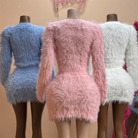 Ensemble 2 pièces pour femmes, haut court à manches longues et mini-jupe en fourrure moelleuse, ensemble assorti pour soirée en club