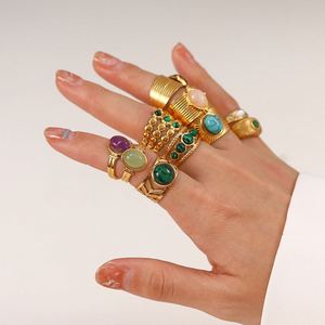 Bagues en acier inoxydable plaqué or 18 carats, taille ouverte, pierres naturelles, ajustables, bijoux de mode, bagues pour femme, vente en gros - Product Image 2