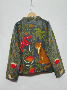 Women's <b>Velvet</b> Safari <b>Jacket</b> Mandarin Collar Hand Embroidered Animal Pattern Full Sleeve Autumn Style <b>Jacket</b> - Product Image 6