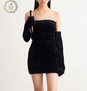 KD Knitwear Manufacturer Custom Sexy Bodycon Black Designer Fuzzy Mini Knit <strong>Dress</strong> - Product Image 1