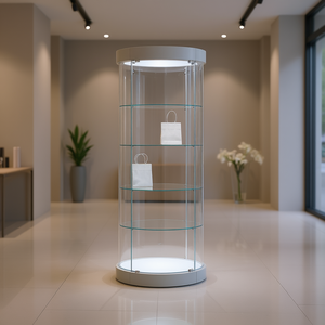 ตู้โชว์กระจกนิรภัยทรงกลม 65x44x190 ซม. สีเทาอ่อน ชั้นวางโค้งพร้อมประตูล็อคแบบบานพับและไฟ LED - Product Image 3