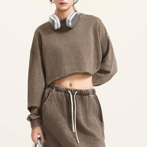 Sudadera Corta con Efecto Ácido FOXA para Mujer, Manga Larga, Hombros Caídos, Cuello Redondo, Top Corto, Mezcla de Algodón, Tejido Transpirable - Product Image 4