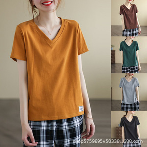 Women V-Neck Short Sleeve T-Shirt Loose Fit Breathable Jersey <b>Top</b> Casual <b>Patchwork</b> Base Layer Summer Wear - Product Image 1
