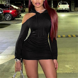 Autunno spalla fredda <span class=keywords><strong>felpa</strong></span> Mini abito da Club per le donne 2024 con cappuccio abito corto arricciato - Product Image 1