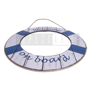Miroir décoratif rond en bois naturel Batela Lifebuoy, blanc et bleu, décoration murale nautique pour la maison, le salon, la chambre à coucher - Product Image 2
