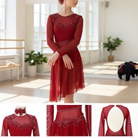 G001 Robe de danse élégante longue en maille pour la danse lyrique et contemporaine, à manches longues, ornée de strass, dos nu, pour la compétition