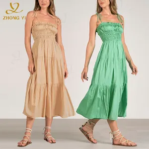 New Arrivals Summer Ladies Women's Long Western Frocks Casual Solid Elegant Elastic Back Cotton Linen Modest Midi Slip Dress