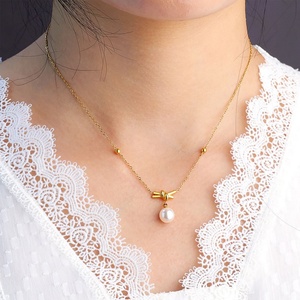 Elegante Collar Coreano de Acero Inoxidable con Colgante de Moda, Collar de Perlas Pequeñas de Oro Sólido de 14K para Mujeres y Niñas - Product Image 2