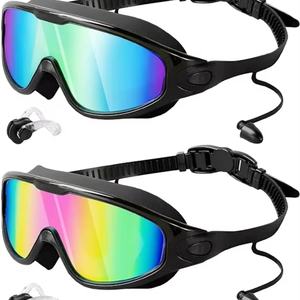 Gafas de Natación para Adultos, Lentes de PC, Silicona Antivaho, Tapones para los Oídos Integrados, Impermeables, Marco Grande, Gafas de Natación Electrochapadas - Product Image 1
