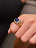 10K 14K 18K Gold Herrenring mit im Labor gezüchtetem blauem Saphir, Diamant-Blatt-Siegelring, Statement-Ring, kundenspezifisch OEM ODM