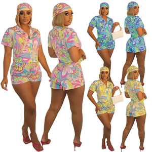 Nuovo Design 2022 abbigliamento donna moda multicolore stampa scollo a v manica corta abiti vacanza pantaloncini e camicia con <span class=keywords><strong>Bandana</strong></span> - Product Image 1