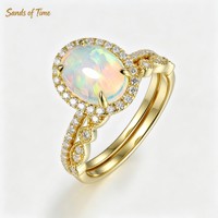 Bague Vintage Ovale en Opale Synthétique avec Halo Milgrain, Plaqué Or Jaune sur Argent 925, Ensemble de Bagues de Mariage en Opale Empilables avec Accent Moissanite