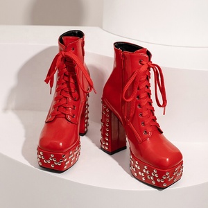 Botines Cortos Nuevos para Mujer, Talla Grande 15 (EE. UU.) / 48, con Cordones, Remaches y Plataforma, Tacón Grueso - Product Image 6