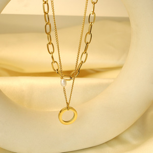 Simple Stylish Double Layer Stainless Steel <b>Necklace</b> With Pearl <b>Ring</b> Pendant For Office Wear Geometric Design Gold Color - Product Image 1