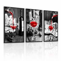 Lot de 3 tableaux encadrés sur toile, thème vin, couleurs sélectionnées, cadre noir, avec triptyque dramatique de verre de vin rouge et raisin noir et blanc