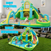 Château gonflable dinosaure avec double toboggan et piscine aquatique avec souffleur