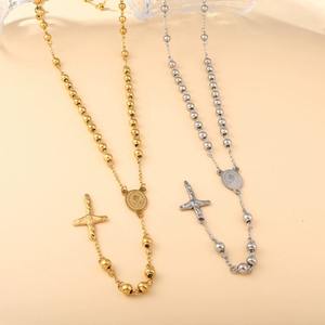 Collar de Cruz de la <span class=keywords><strong>Virgen</strong></span> María en Acero Inoxidable, Collar de Cadena con Cuentas de Buda de 6mm en Acero Inoxidable para Hombre y Mujer - Product Image 1