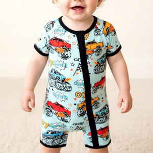 Auto-Bedruckte Kinderpyjamas Hauskleidung Bambusfaser Kurzarm-Reißverschluss-Strampler Baby-Strampler - Product Image 1