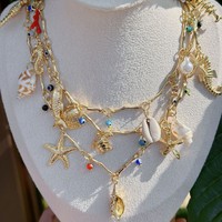Nouveau collier ras du cou multicouche avec pendentifs étoile de mer, hippocampe, coquillage, coquille de tortue et perle