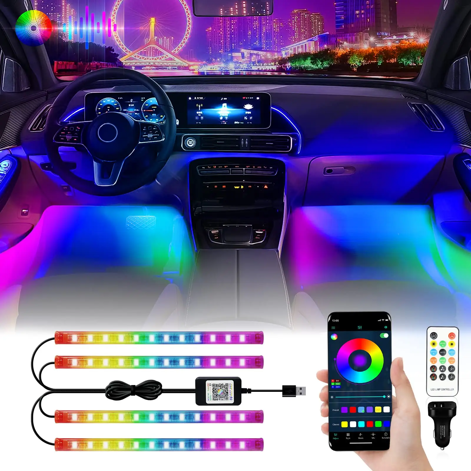 नीयन 48 72 एलईडी कार आंतरिक परिवेश पैर अच्छी तरह से प्रकाश के साथ USB वायरलेस रिमोट संगीत एप्लिकेशन नियंत्रण ऑटो आरजीबी वातावरण प्रकाश