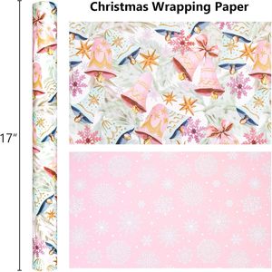 Papel de regalo navideño con diseño de árbol de Navidad en forma de campana, colorido, impreso por ambos lados con copos de nieve rosas, personalizable. - Product Image 6