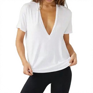 Women's T-Shirts White Deep V Neck Short Sleeve T-Shirt Loose Fit Casual Cotton Jersey Spring Summer Wear <b>Tops</b> - Product Image 1
