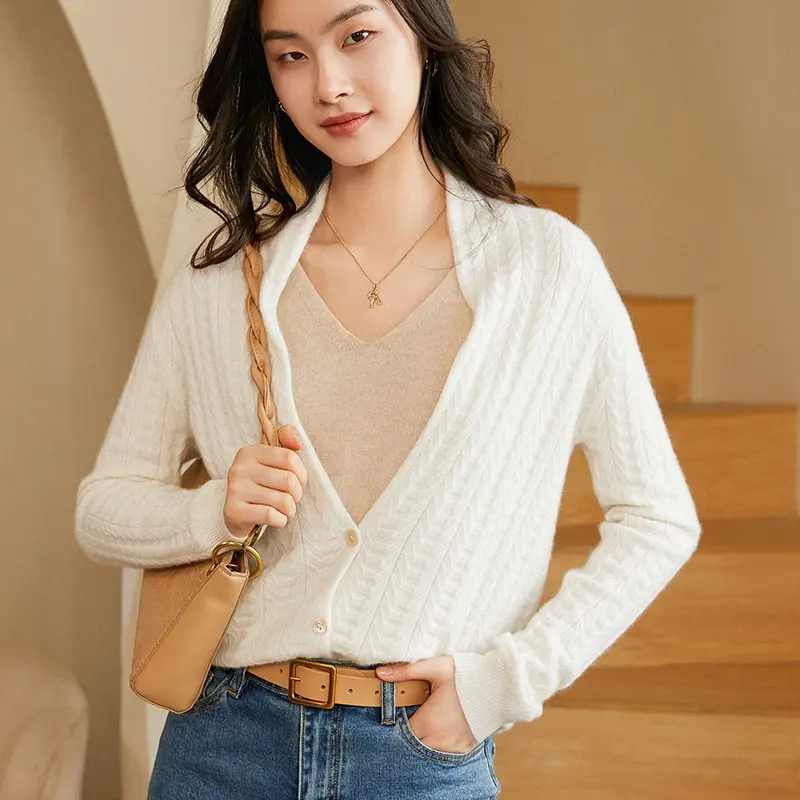 Autumn new design pure cashmere women's v-neck twist knitting fashion knit cardigan long sleeve versatile sweater