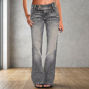 Pantalones Casuales Transpirables con Parches para Mujer, Cintura Baja, Corte Holgado, Pierna Ancha, Mezclilla, Verano, Todas las Temporadas - Product Image 3