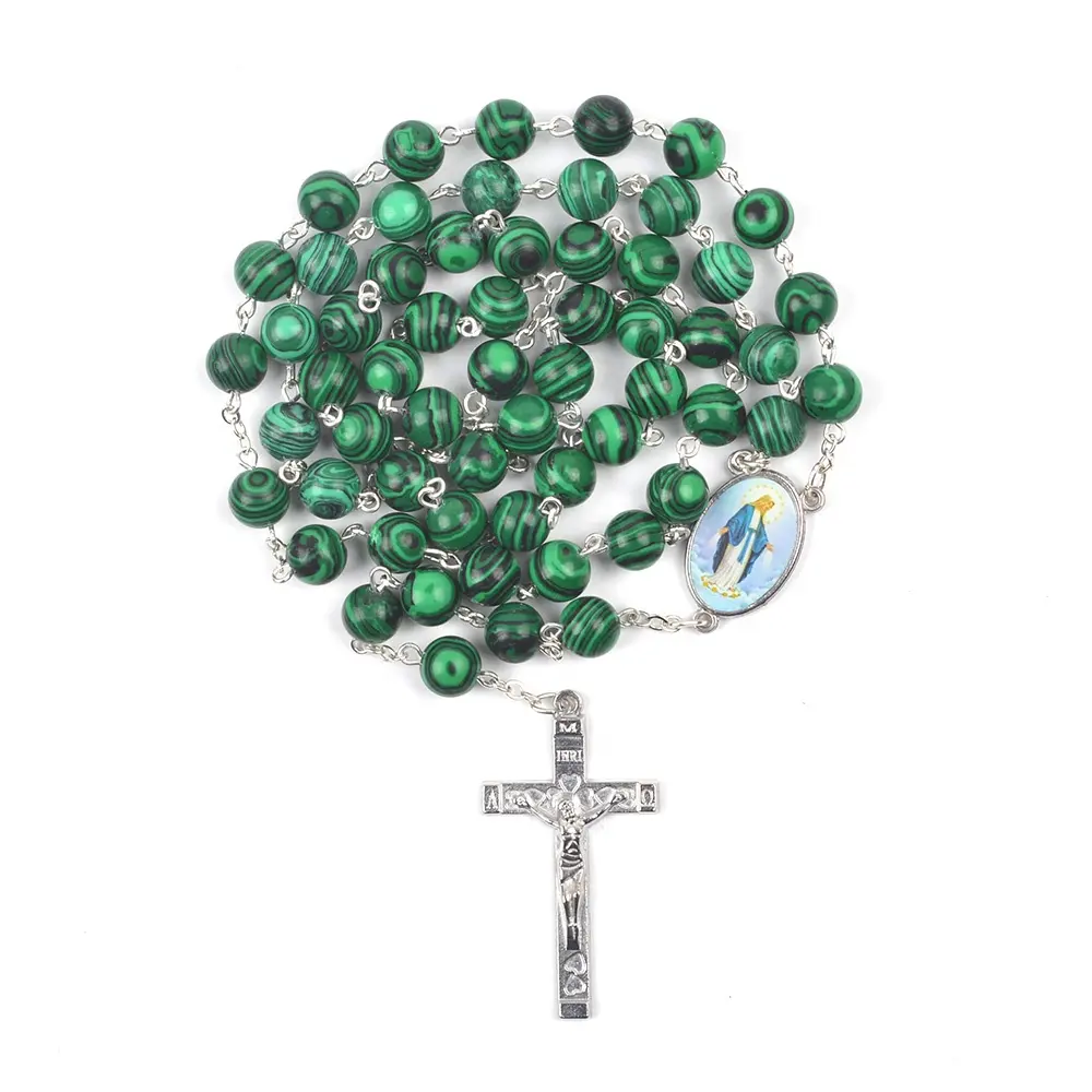 Catholic Gift 8mm Green Peacock Beads Chain Rosary Religious Style Malachite Natural Stone Rosary Necklace for Men Women