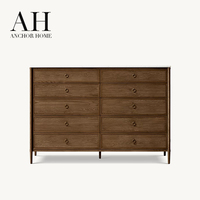 Commode de style Mid-Century en chêne massif noir avec plateau en marbre, dix tiroirs, grand rangement, poignées annulaires, pieds coniques, écologique, pour chambre à coucher