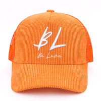 Casquette Trucker en Corduroy à 5 Panneaux, Profil Moyen, avec Logo Brodé 3D Personnalisé sur Dos en Maille, Taille Adulte, Fabrication OEM Orange