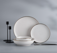 LOMATO Ensemble de vaisselle en grès blanc premium style nordique avec bord doré et pois, assiettes et bols écologiques