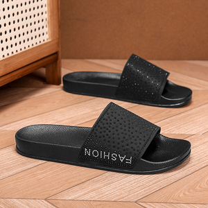Black PU Slide Sandals Open Toe Breathable Rhinestone Decor EVA Outsole <b>Summer</b> Fashion <b>Slippers</b> - Product Image 1