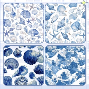 <span class=keywords><strong>Tissu</strong></span> en satin de soie extensible imprimé style toile de <span class=keywords><strong>Jouy</strong></span> bleu personnalisé avec éléments océaniques (étoile de mer, coquillage) pour robe de vacances et foulard - Product Image 5
