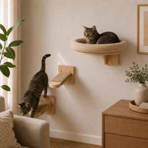 Ensemble de meubles pour animaux de compagnie à fixer au mur, lit en bois, étagère ronde avec coussin en peluche doux - Product Image 3